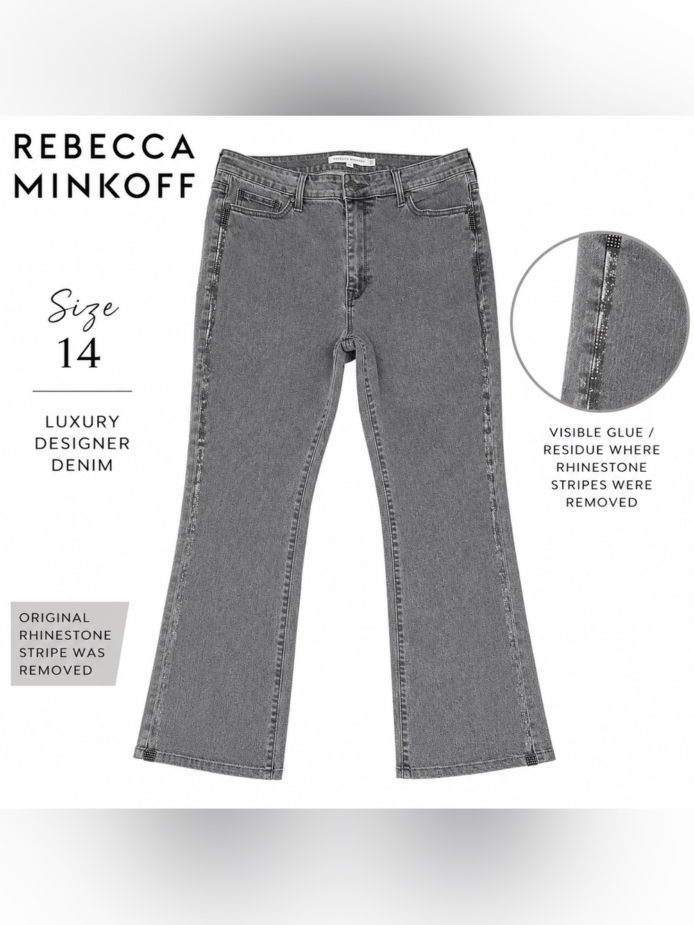 Rebecca Minkoff Luxury Designer Gray Rhinestone Jeans Size 14 Straight Leg